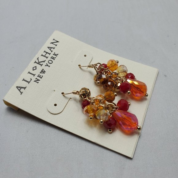ALI KHAN garnet, sapphire ,topaz cluster beaded gold fish hook earring - Picture 3 of 3